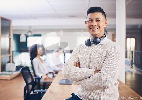 Image of Proud portrait of business man in office startup with leadership, employee management and career confidence. Manager, boss or mature person in tech workspace happy with company technology and job