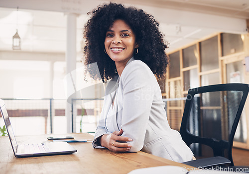 Image of Portrait of business black woman working on laptop for office startup, career hr management and company planning. Happy online professional worker, person or manager in human resources with computer