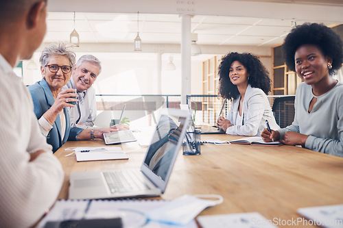 Image of Planning, meeting and business people listening to a man for an idea, plan or strategy to a project. Team, communication and businessman talking to colleagues about corporate plans in a seminar