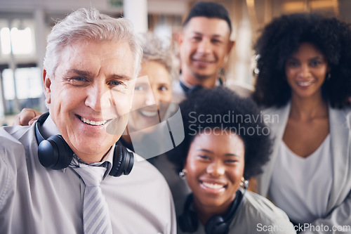 Image of Call center, men and women in office selfie with smile, diversity and happiness for teamwork. Senior man, old woman and black people in tech support with profile picture together for social media app