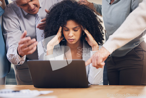 Image of Stress, chaos and black woman with headache from multitasking, workload and team pressure in office. Burnout, fail and corporate manager with anxiety, mistake and deadline, problem or online glitch