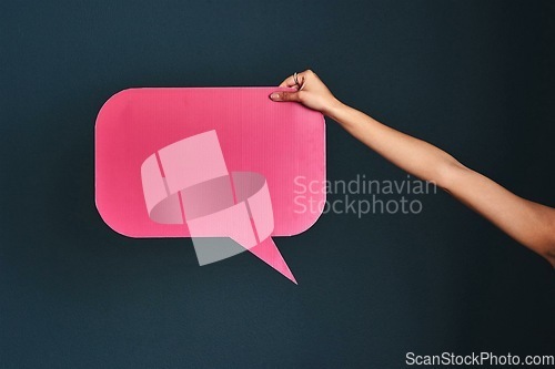 Image of Dont be afraid to share your thoughts. Cropped shot of an unrecognizable woman holding a speech bubble.