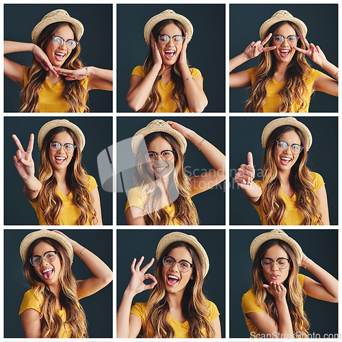 Image of Youre allowed to be in your feelings. Composite studio image of an attractive young woman making various facial expressions against a gray background.