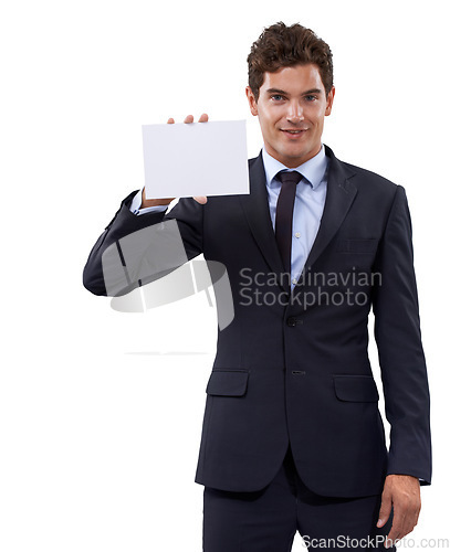 Image of Something youll want to see...A young businessman holding a blank placard.