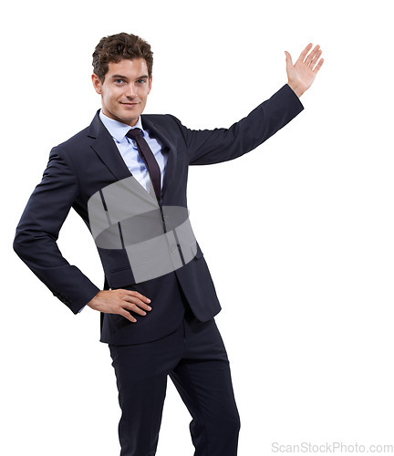 Image of Well suited to his profession. Studio shot of a well dressed businessman against a white background.