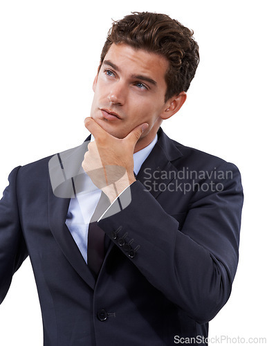 Image of Thinking about business growth. Thoughtful young businessman looking up and wondering against a white background.