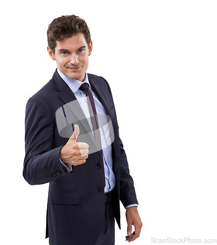 Image of Impressive work. Studio shot of a well dressed businessman giving you thumbs up against a white background.