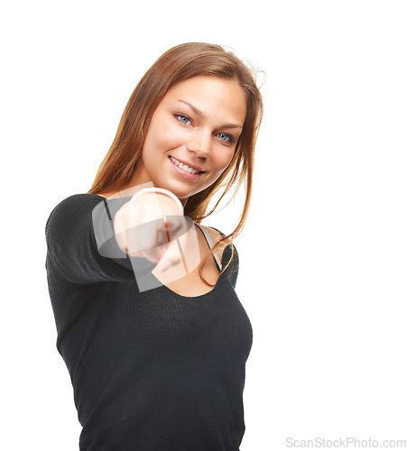 Image of Confidence is a beautiful feature in a woman. Studio shot of a beautiful young woman pointing at the camera.