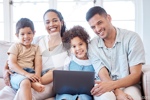 Image of Parents, kids and portrait on sofa with laptop, smile and together for movie, video or cartoon on web. Young family, children and happy on living room couch with computer, bond and relax in house