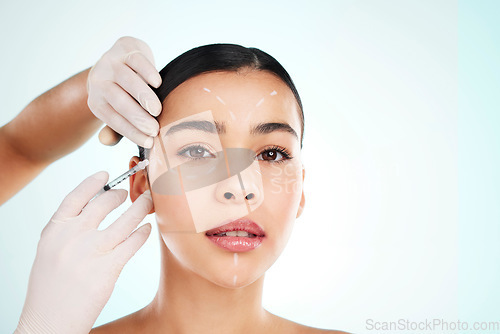 Image of Skincare, woman and face injection for plastic surgery in studio isolated on white background. Portrait, syringe and cosmetics of female model with collagen filler, dermatology or beauty mockup space