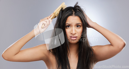 Image of Hair, damage and portrait of woman with brush in studio for split end, haircare crisis and weak tips. Beauty, hairdresser and face of female person worry with frizz or loss problem on gray background