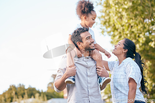 Image of Family, love and parents with their daughter in nature, sitting on shoulders in a park during summer. Mother, father and girl child bonding together outdoor in the countryside or a garden for freedom