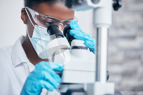 Image of Science, woman scientist using a microscope and in a lab for health analytics. Chemistry specialist or medical, biotechnology and female doctor or surgeon for biology research in a laboratory.