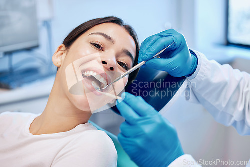 Image of Healthcare, dentist tools and portrait of woman for teeth whitening, service and dental care. Medical consulting, dentistry and orthodontist with patient for oral hygiene, wellness and cleaning