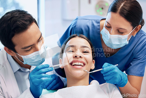 Image of Healthcare, dentist and portrait of woman for teeth whitening, service and dental care. Medical consulting, dentistry and orthodontist with tools for patient for oral hygiene, wellness and cleaning