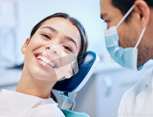 Image of Healthcare, dentist and portrait of woman for dental service, teeth whitening and consultation. Medical consulting, dentistry and orthodontist for patient for oral hygiene, wellness and cleaning