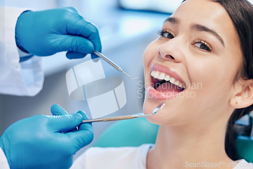Image of Dental tools, dentist and portrait of woman for teeth whitening, service and consultation. Healthcare, dentistry and orthodontist with equipment for patient for oral hygiene, wellness and cleaning