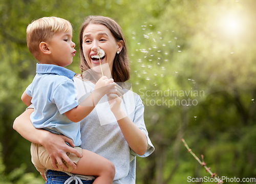 Image of Nature, mother and child blowing dandelion for wishing, hope and childhood in meadow together. Spring, family and happy mom with boy with wildflower in field for adventure, freedom and happiness