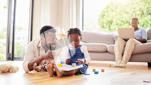 Image of African father, daughter and floor for drawing, building blocks and learning together with help, love and care in lounge. Black man, girl and teaching with toys, book and helping hand in family home
