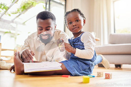 Image of African dad, daughter and floor for drawing, building blocks and learning together with help, love and care in lounge. Black man, girl and teaching with toys, notebook and portrait in family house