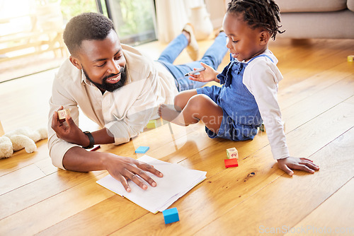 Image of African dad, girl and floor for drawing, paper and learning together with smile, love and care in lounge. Black man, daughter and teaching with toys, notebook and helping hand in happy family house