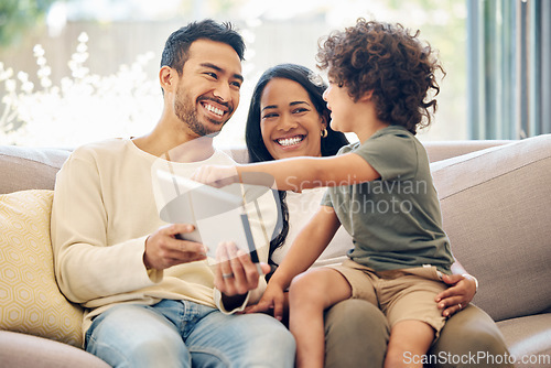 Image of Family, tablet and child learning on a home sofa with happiness, development and internet connection. Man, woman and son or kid together on a couch with technology for education, games and online app