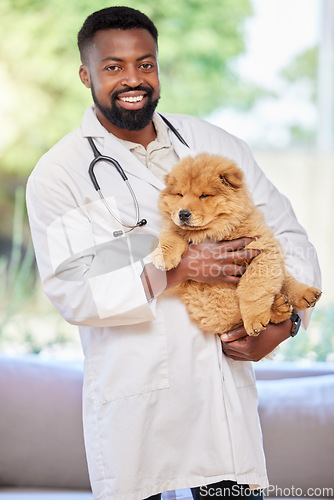 Image of Black man, vet and portrait with puppy for clinic, medical and animal support with a smile. Happy, African male person and veterinarian employee with a cute dog and professional with care at job