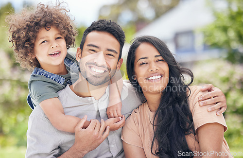 Image of Portrait, smile and family outdoor, hug and bonding with quality time, weekend break and happiness. Face, mother and father with a male child, boy and son embrace, backyard or happy parents with love