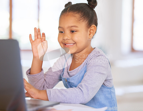 Image of Video call, computer and child or girl for home education, e learning and online class for kindergarten knowledge. Happy african kid wave hello on laptop elearning, virtual school or webinar teaching