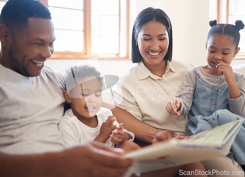 Image of Funny family, reading book and learning in home living room, bonding or care. Storytelling, education and happy parents, children and multiracial father, mom and teaching, studying and laugh together