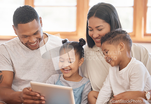 Image of Family smile, tablet and streaming in home living room, bonding and funny. Technology, happy and kids, father and mother watching web film, movie and playing games together, social media or video.