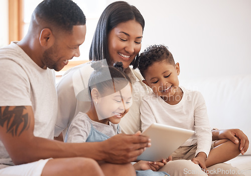 Image of Happy family, tablet and streaming in home living room, bonding and care. Technology, smile and kids, father and mother watching web film, movie and playing games together, social media or video.