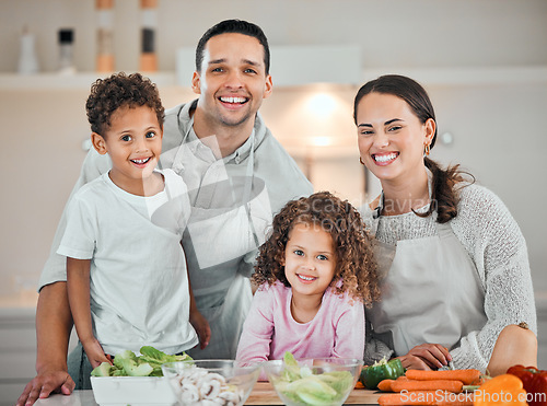 Image of Cooking, help and portrait of family in kitchen for health, nutrition and food. Diet, vegetables and dinner with parents and children with meal prep at home for wellness, organic salad and learning