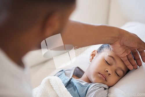 Image of Sick, father or girl asleep in bed, flu or body temperature with worry, home and virus symptoms. Female child, kid or dad touching forehead, fever or sleeping with health issue and illness in bedroom