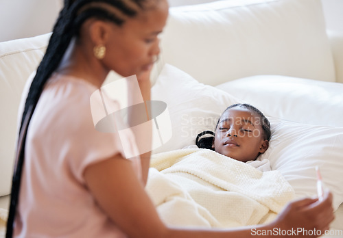 Image of Mother, thermometer and phone call for sick child sleeping in bed with a fever. Black girl kid and a woman together in bedroom for medical risk, health check and help for virus or temperature problem