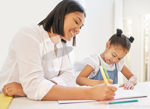 Image of Education, homework or learning with a mother and daughter in their house together for home schooling. Family, children and a female private tutor teaching a young student girl for child development