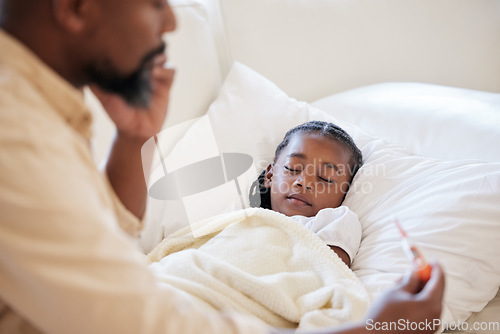 Image of Thermometer, father and sick child in bed to sleep with a fever with paternity leave to check temperature. Black girl kid and a man together in bedroom for medical risk, health test and virus problem