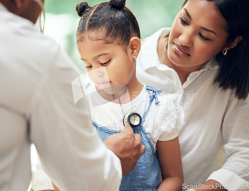 Image of Mother, child and doctor with stethoscope for health care in a hospital for heart or lungs. African woman, pediatrician and sick girl or patient for medical check, family insurance or development