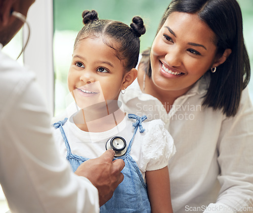 Image of Mother, child and doctor with stethoscope for health care in a hospital for heart and lungs. African woman, pediatrician man and kid patient for medical help, family insurance or development check