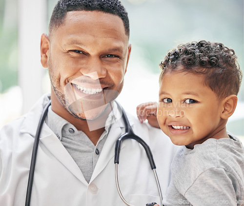 Image of Pediatrician, child and happy portrait for health care in hospital with a smile at a consultation. Face of black man or doctor and kid patient for medical help, family insurance or development check