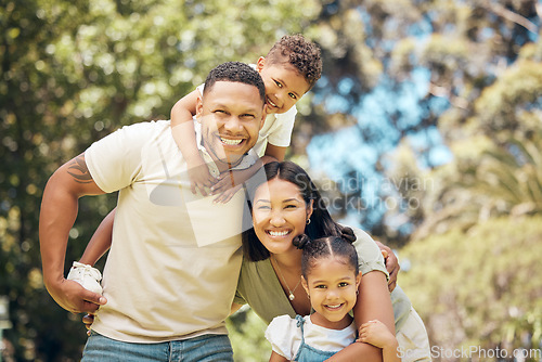 Image of Portrait, family or children with a mother, father and sibling outdoor together in a park for bonding. Summer, love or trust with a man, woman and kids outside in a garden during holiday or vacation