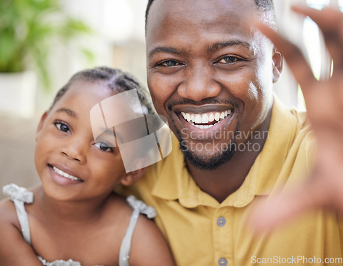 Image of Portrait, black father and girl take selfie, smile and bonding together in home. Face, photography and African dad with child taking profile picture for social media, happy memory and family care.