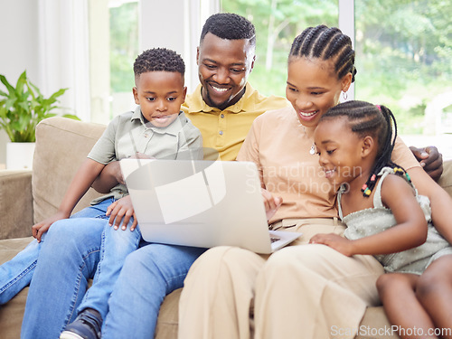 Image of Black family, laptop or video with parents and children bonding on a sofa in the home living room together. Movie, trust or love with a mom, dad and kids streaming an online subscription service