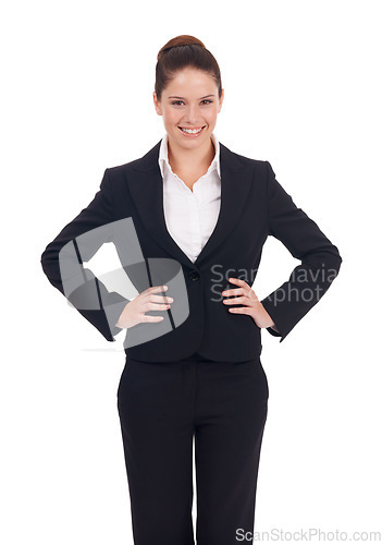 Image of Portrait, smile and business woman in studio confident, young and empowered on white background. Happy, face and female manager person posing with positivity, proud and professional while isolated