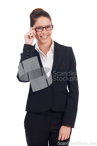 Image of Professional portrait, glasses and studio woman happy for corporate work, business success or job career growth. Happiness, real estate agent and female realtor smile isolated on white background