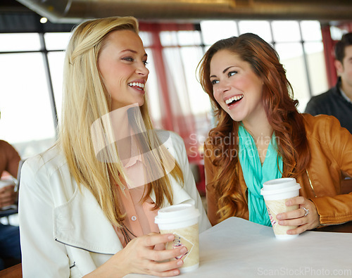 Image of Girl talk. Two attractive young female friends enjoying a cup of coffee together.