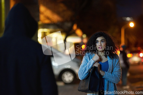 Image of Danger, woman fear and criminal in the city at night with thief and anxiety outdoor, Urban, dark and female person feeling scared with stress and terror from stalker, crime and risk of scary violence