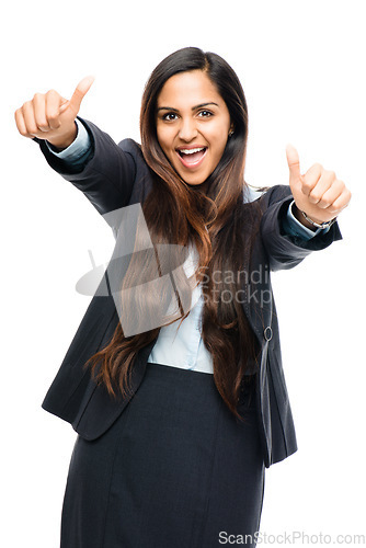 Image of Portrait, thumbs up and an indian business woman in studio isolated on a white background for motivation or support. Thank you, winner and yes with a happy young female employee showing a like emoji