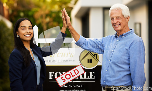 Image of Sold, realtor portrait and people high five for home investment, property sale and retirement success. Real estate agent, landlord woman and senior man hands together for new house poster or board