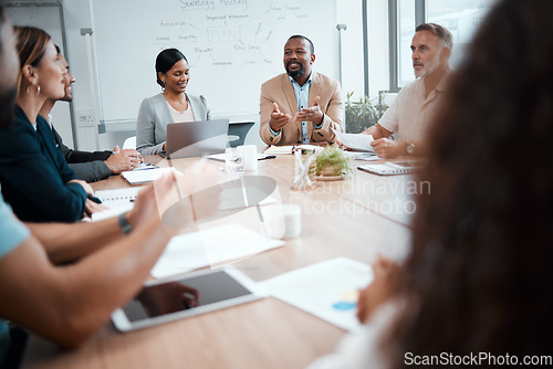 Image of Business people, diversity and meeting for idea in strategy, planning or brainstorming at office. Group of employees in team discussion, collaboration or project management in conference at workplace